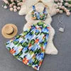 ANSZKTN and the United States Vacation Style ANSZKTN Print Suit Female Short Sling Top Pleated Skirt Set