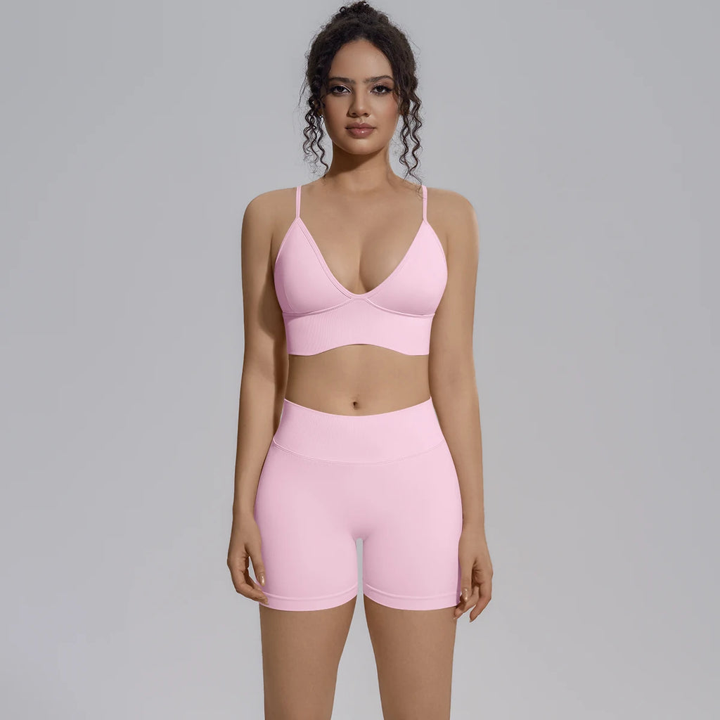 New Summer Sexy Naked Feeling Yoga Shorts Set Women 2 Piece Sport Bra Biker Shorts Workout Gym Activewear