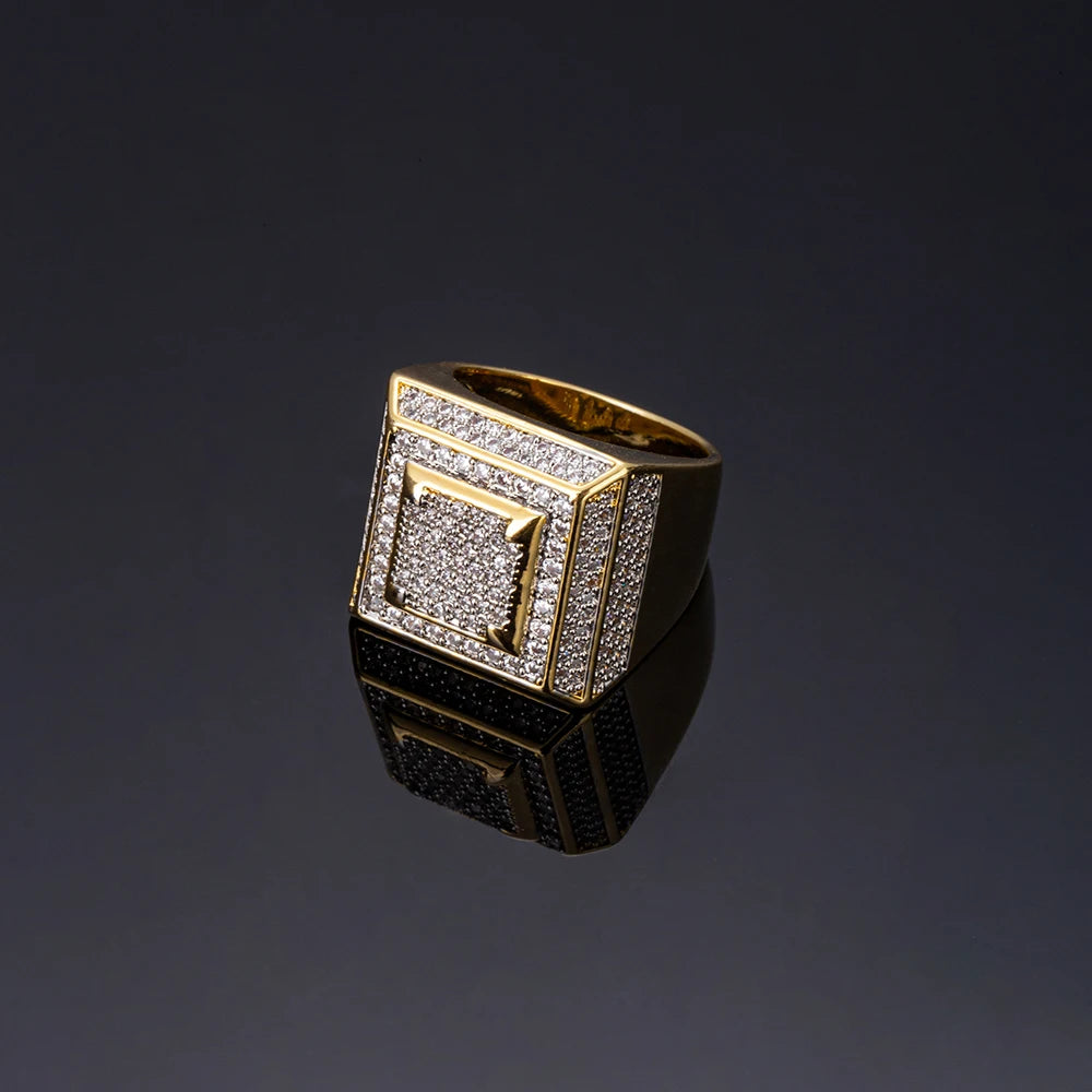 Popular Square Shape Ring Bling Iced Out Zircon Ring Hip Hop Men's Unisex Brass Gold Plated CZ Engagement Wedding Eternity Rings