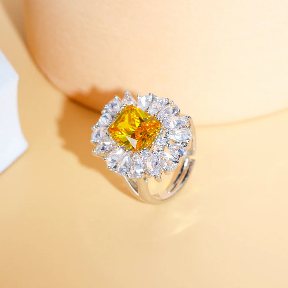 Exquisite Bling Red Cubic Zirconia Luxury Engagement Party Jewelry Big Sun Flower Finger Open Cuff Rings for Women