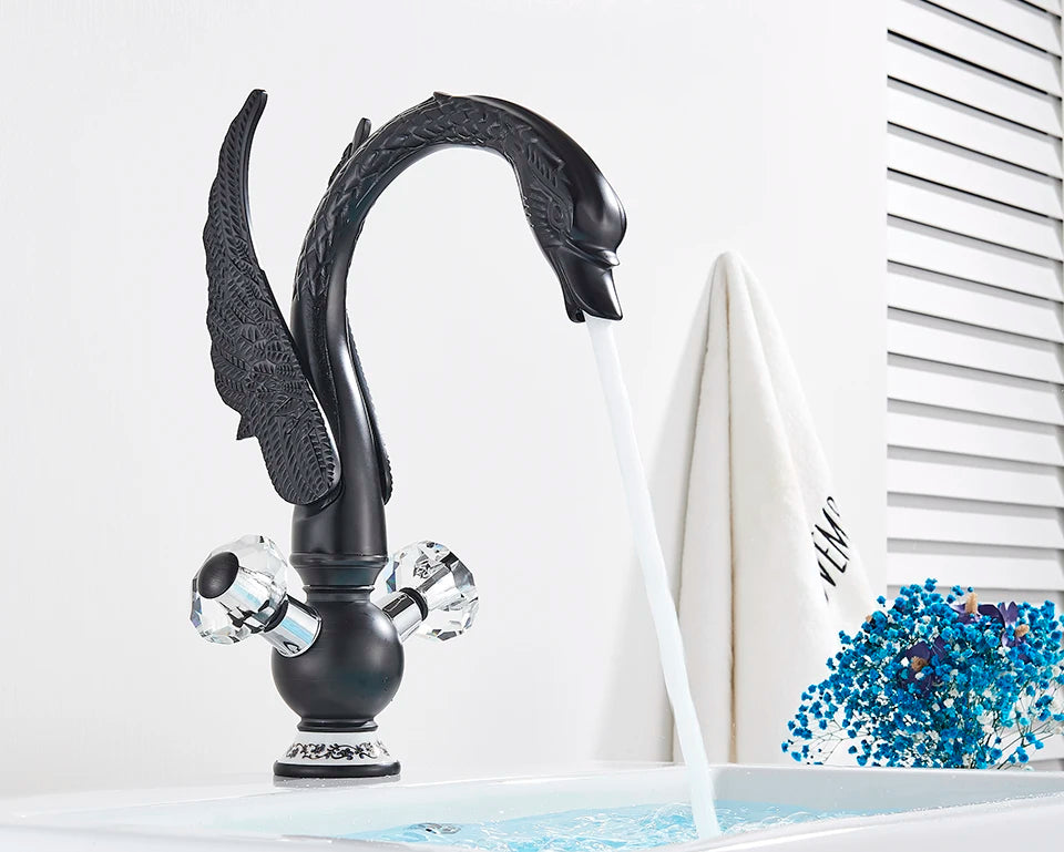 Luxury Gold Swan Basin Faucet Deck Mounted Bathroom Faucet Hot and Cold Water Mixer Tap Bath Water Faucet Basin Sink Taps