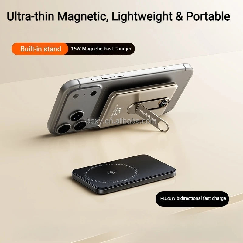 Ultra-Slim Aluminum Magnetic Wireless 5000mAh High Capacity Power Bank with LED Digital Display 15W Fast Charging 2-in-1