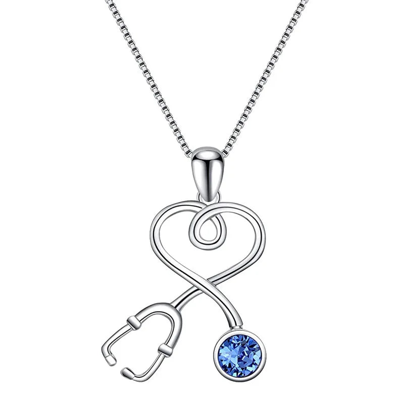 White Gold Classic Bezel Set Stethoscope Heart Pendant Blue Crystal Rhinestone Medical Professionals Unisex Jewelry Everyday