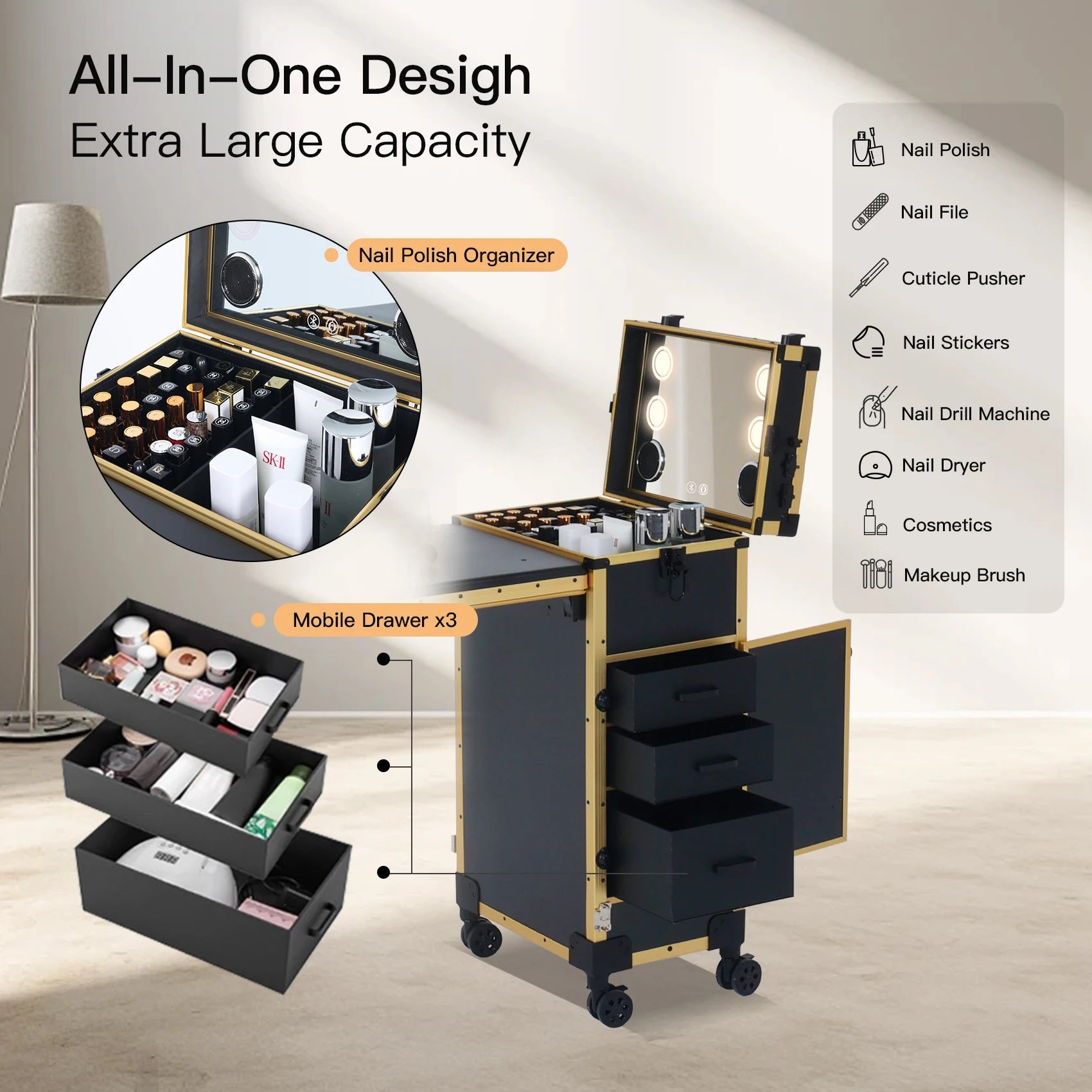 OBox Portable Wood Metal Makeup Rolling Case Manicure Dressing Desk Individual Compartments Foldable Modern/Classic Nail Table