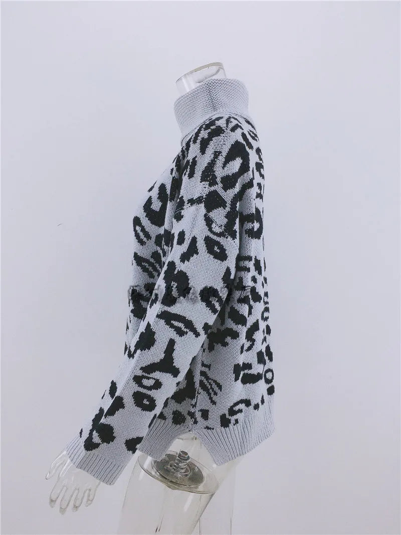 S-XL Turtleneck Sweater for Women Pullover Autumn Casual Fashion Leopard Print Tops Knitted Crochet