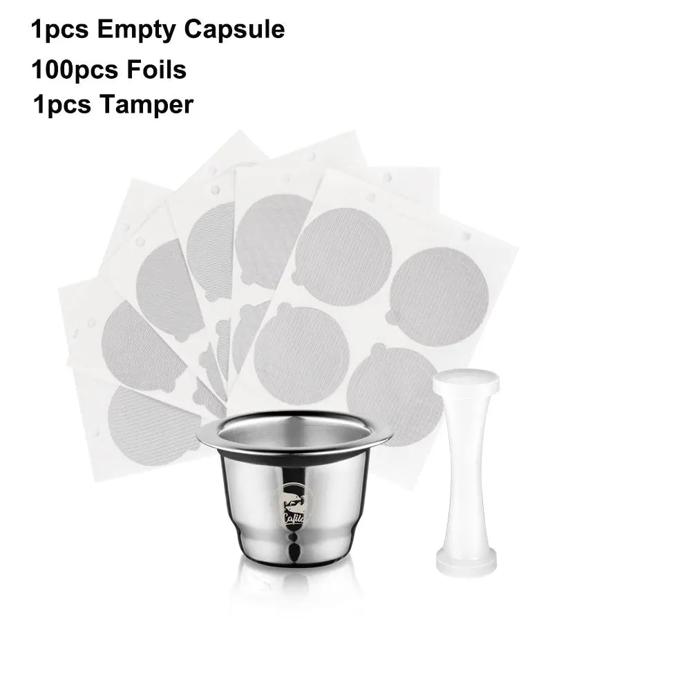 Icafilar Reusable Coffee Capsule Pod for Nespresso Stainless Steel Espresso Crema Coffee Filter Aluminum Foils Lid Tamper Dosing