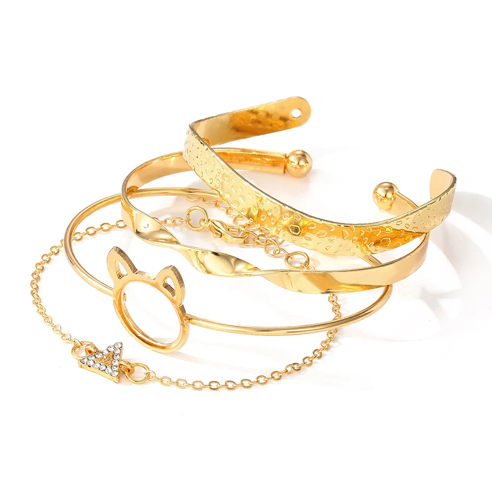 New Cute Cat Geometric Diamond Gold Metal Bracelets for Women Crystal Twisted Gold Color Metal Bangle Fashion Jewelry Gifts