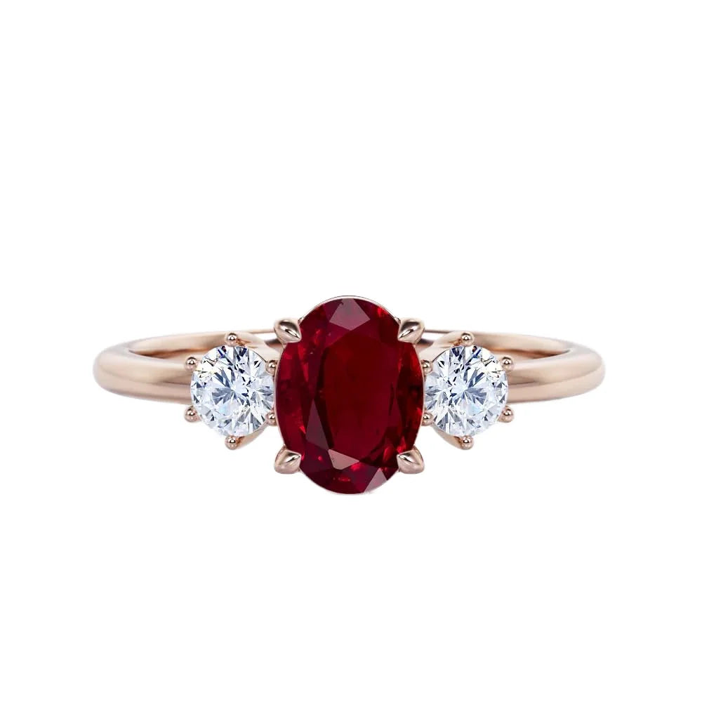 Oval Cut Ruby Classic Pave Setting Three Stone Engagement Ring 925 Sterling Silver Gold Plated Trio Wedding Party Ring