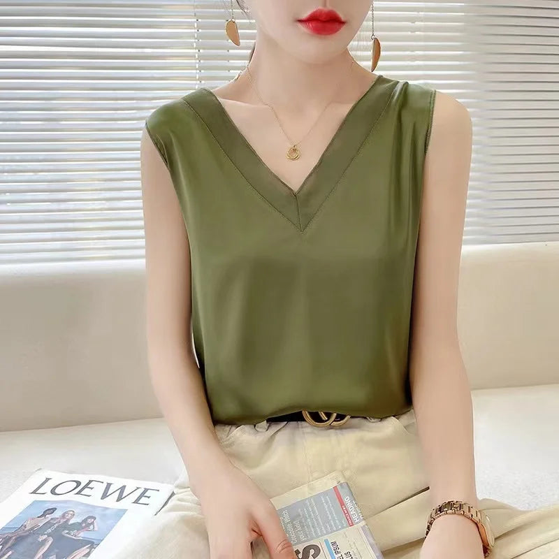 Milan New Style Hot Selling Ladies Spring Summer Autumn Luxury V-neck Real Silk Halter tank Top Women