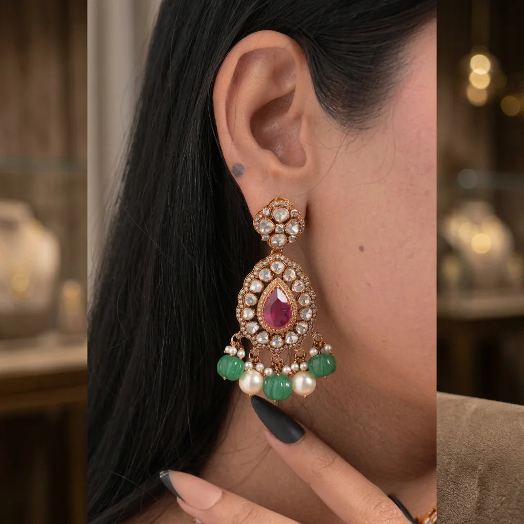 Green White Pearls Red Gemstone Bulk Wholesale Bohemian Gold Plated Fashion Jewelry Girls Indian Kundan 925 Sterling Silver Gift