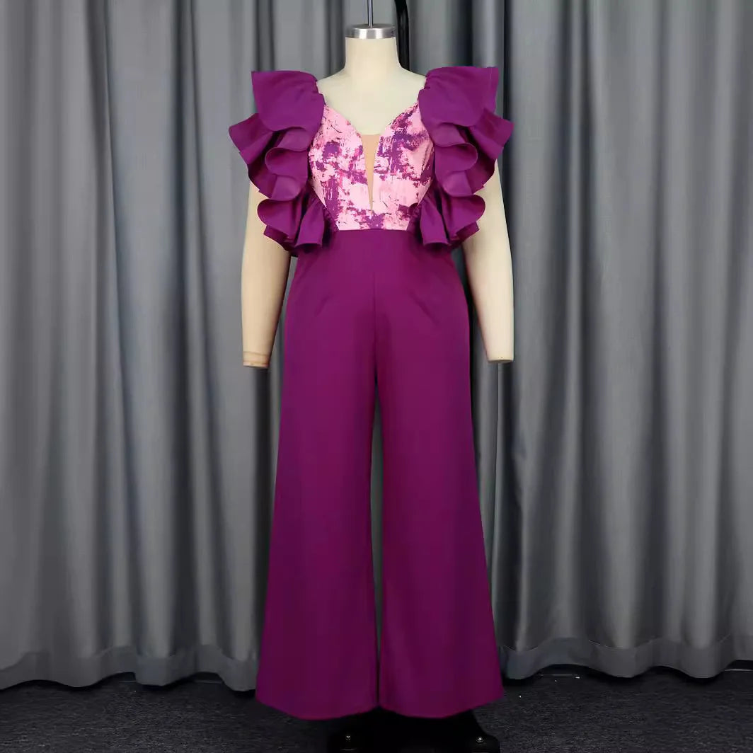 African Summer Low Cut Backless Jumpsuit Plus Size 4Xl Party Style Purple Wide Leg Pants Jumpsuit Body Suit