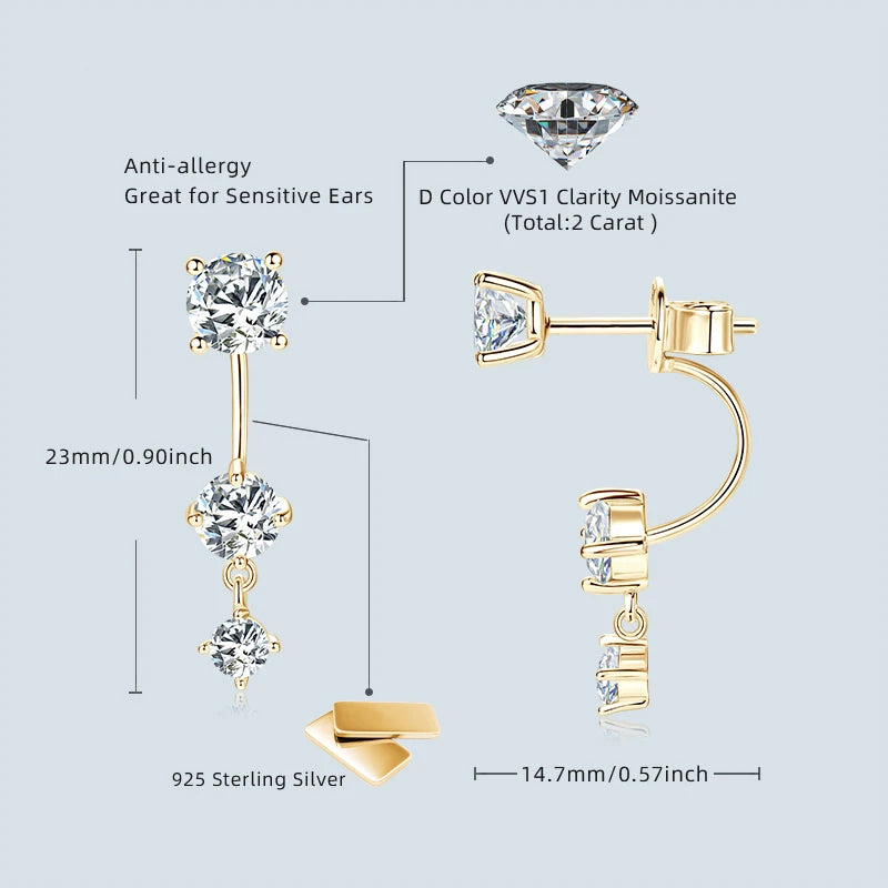 New Arrivals Gift New 3-stone Ear Rings 925 Sterling Silver 5mm 4.5mm 3mm D Color Moissanite Feature Shape Earrings for Women