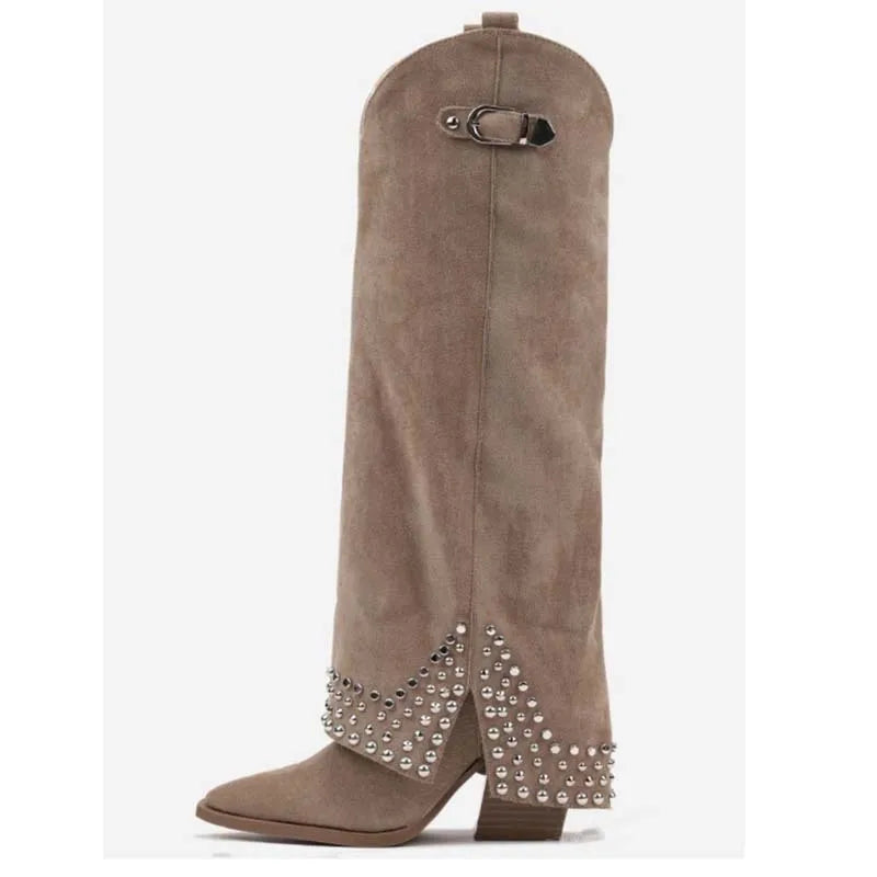 Designer Luxury Women's Over-the-Knee & Knee-High Western Snow Boots Thick Heel Rhinestone Decorated High Fashion Winter Shoes