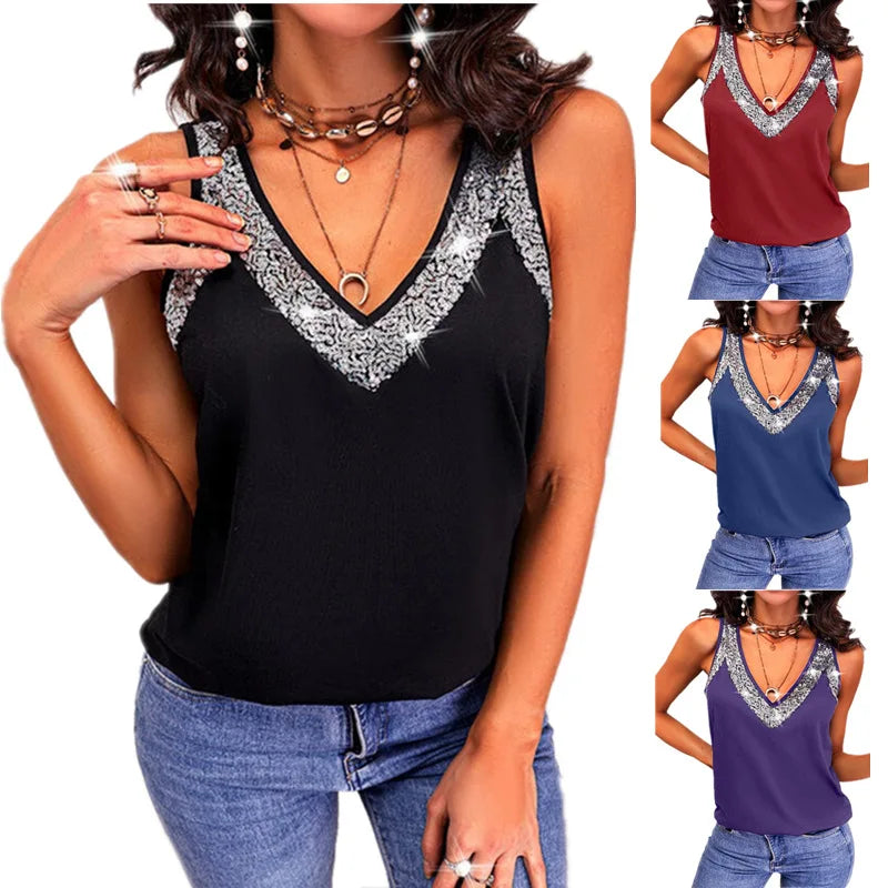 Summer Women Tank Tops Sequins Patchwork Sleeveless V Neck Shirts for Women Fashion Loose T Shirts Casual Shirt Pullover