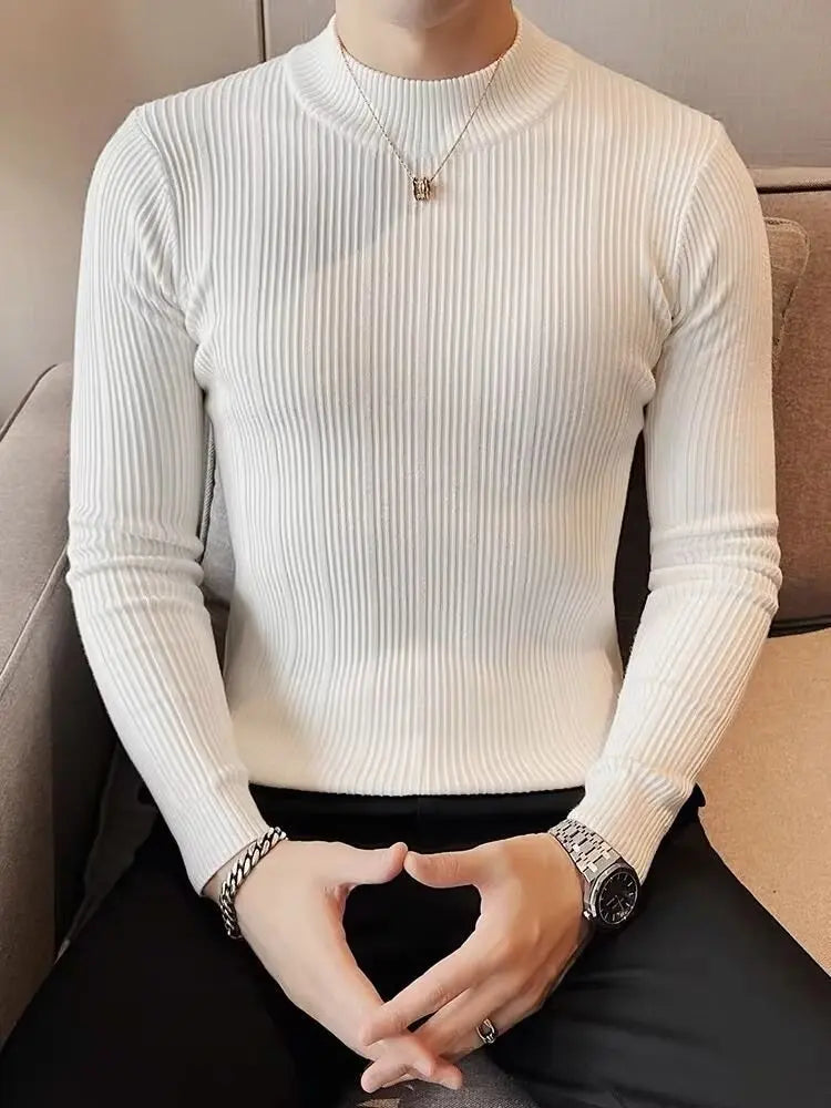 S-3XL Striped Versatile Men's Half High Neck Long Sleeve Sweater Mid Neck Slim Knit Bottom Shirt