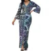 Hot Selling Flower Polynesian Tribal Bell Sleeve V Neck Long Maxi Slit Dress Custom Plus Size Womens Dresses Island Style Dress