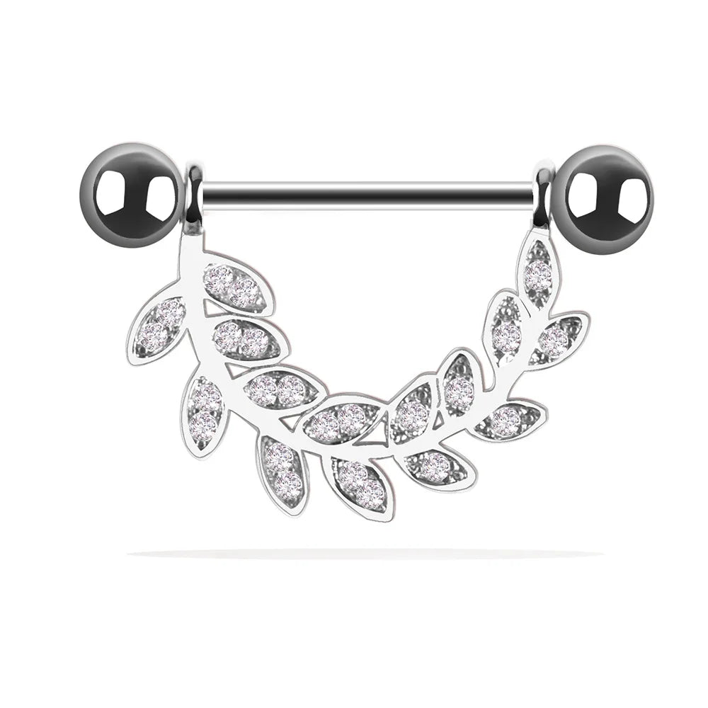 Trendy Nipple Rings 14 G Body Jewelry Piercing Shiny Tongue Nose Ring Barbell Leaf Shape Rings Stainless Steel for Women Girls