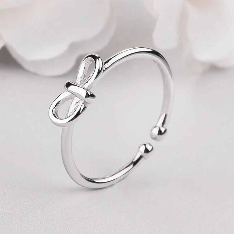 Korean Sweet Style Lovely Women White Gold Plated Ring Bowknot Engagement Band Rings