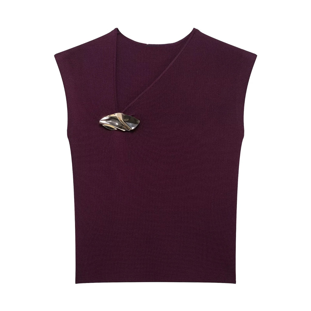 KAR&OT ZA 2025 Women's Retro Casual Simple Slim Fit Gold Inlaid Sleeveless Knitted Vest Top 2142002 Spring New Vintage Style