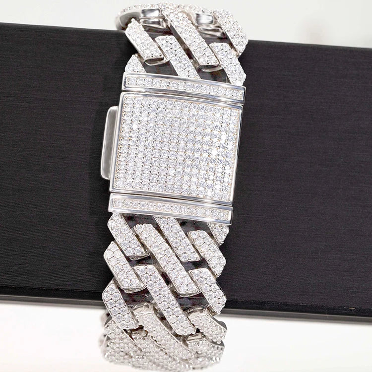 Custom Miami Bracelet S925 Sterling Silver with Two Rows VVS Moissanite Diamond Heavy Cuban Bracelet for Men's Hip-hop Style
