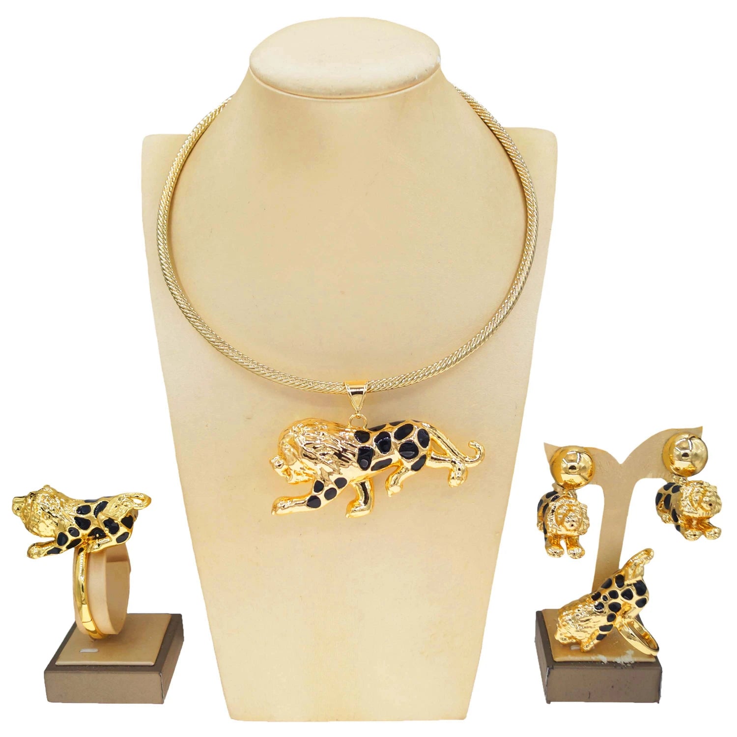 Zhuerrui Fashion Personality Brass Ring Jewelry Set Cheetah Pendant Hip Hop Bracelet Men's and Women's Party JewelryHK003122