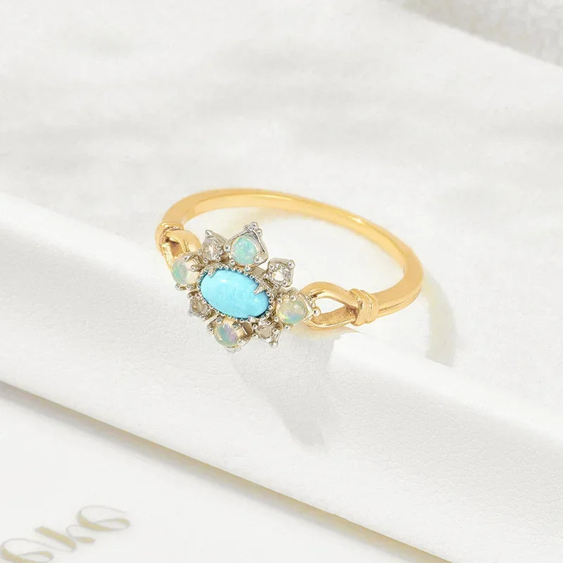 Vintage Gemstone Rings for Women Natural Opal Topaz Turquoise Ring 925 Sterling Silver Gold Plated Luxury Jewelry LAMOON