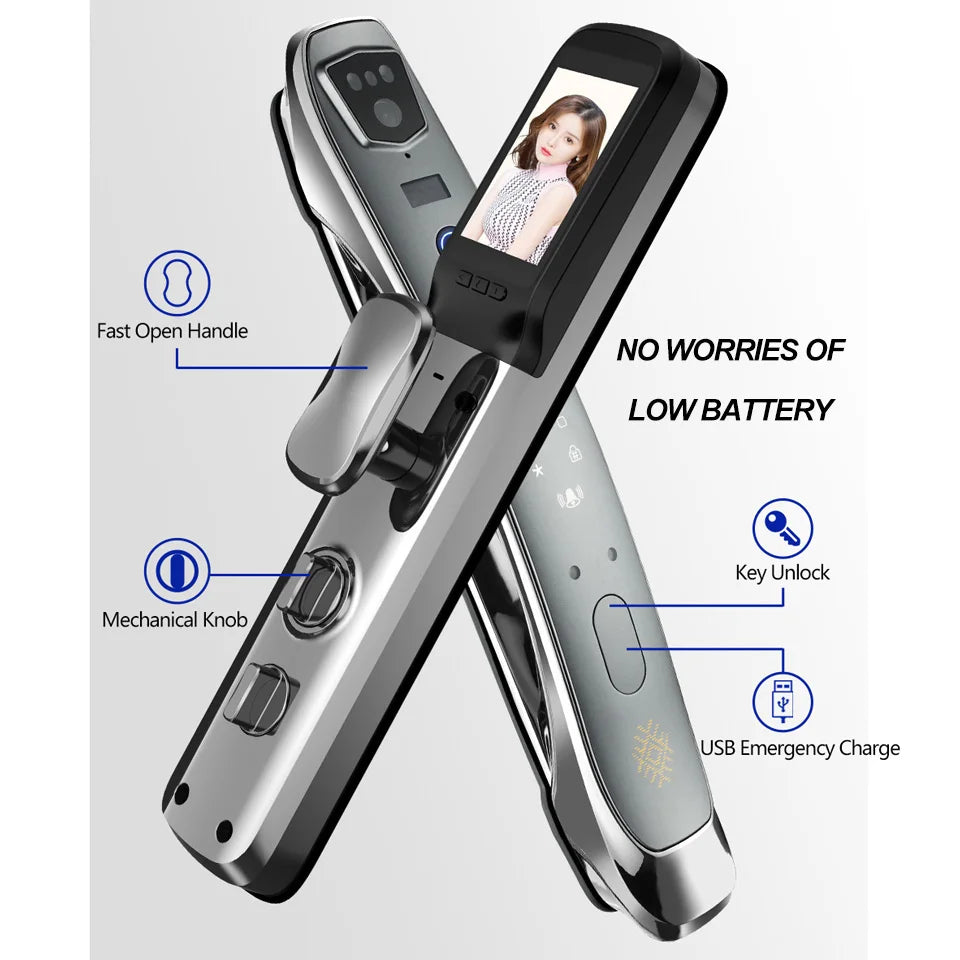 USmart GO APP Control Rechargeable Battery Zinc Alloy Smart Fingerprint Door Lock 3D Face Recognition Camera Cloud Storage Wood