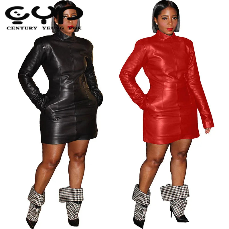 Wholesale 2024 New Women's Casual Dress Long Sleeves Skinny Fashion Draped PU Leather High Street Style Zipper for Autumn