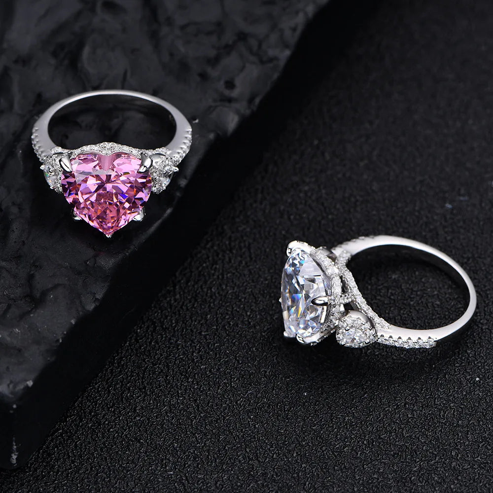 Fashion S925 Sterling Silver 12*12mm Heart Shape Stone Cz Cubic Zirconia Luxury Wedding White pink Diamond Rings for Women