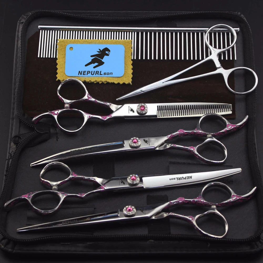 7.0 Inch  Pink plum Handle  Veterinary Animal Shaped Scissors Pet Grooming Scissors Pet Fishbone Teeth 5 Scissors Set PTS-114