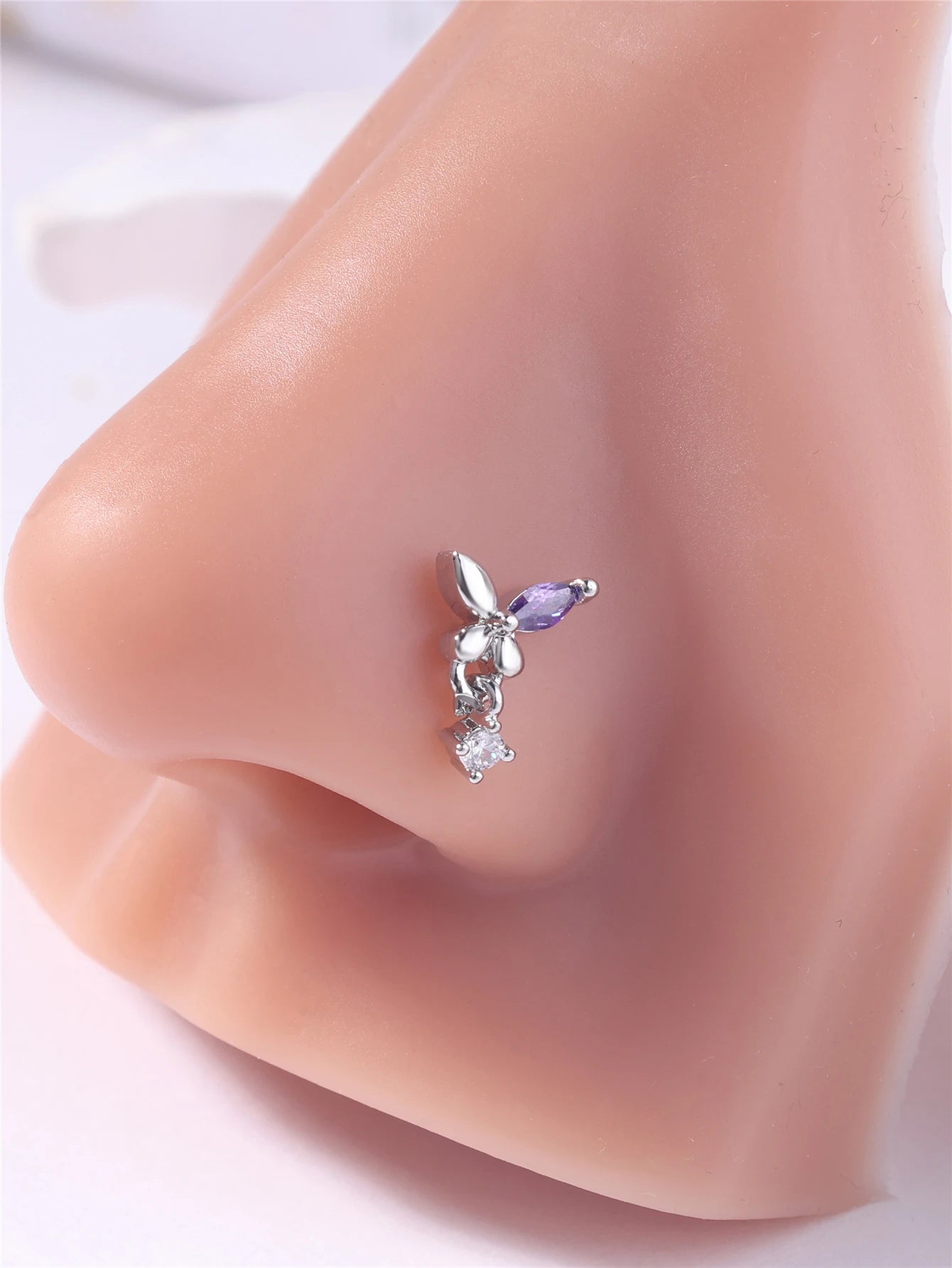 L Shaped Dangling Nose Studs Rings Butterfly Design for Women Girl Gold CZ Dangle Nose Pin 20G Nose Piercing Jewelry Wholesale
