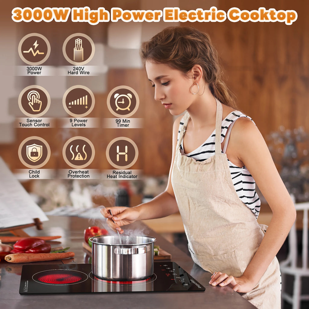 2 Burner Electric Cooktop, 12 Inch Built-in Ceramic Stove Top with Child Safety Lock, Timer & Residual Heat Indicator, 3000W