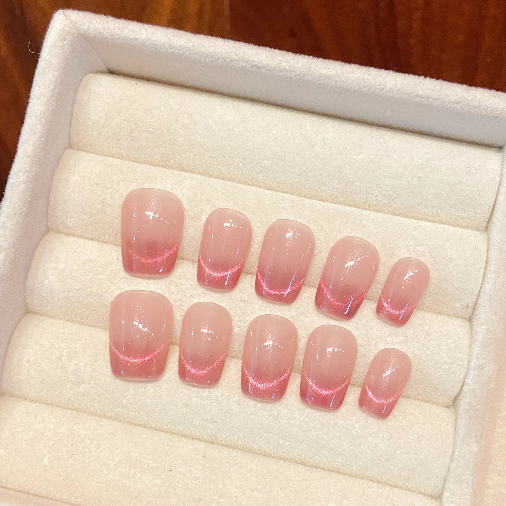 High Quality Bulk Cat Eye French Style pink Acrylic Gel Short Almond square Stiletto Handmade Wear Press on Nails