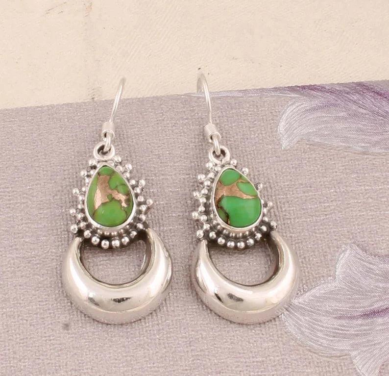 Hot Selling 2025 Natural Green Copper Turquoise Rhodium 925 Sterling Silver Hoops Earrings for Wedding Gift Unisex Factory Price