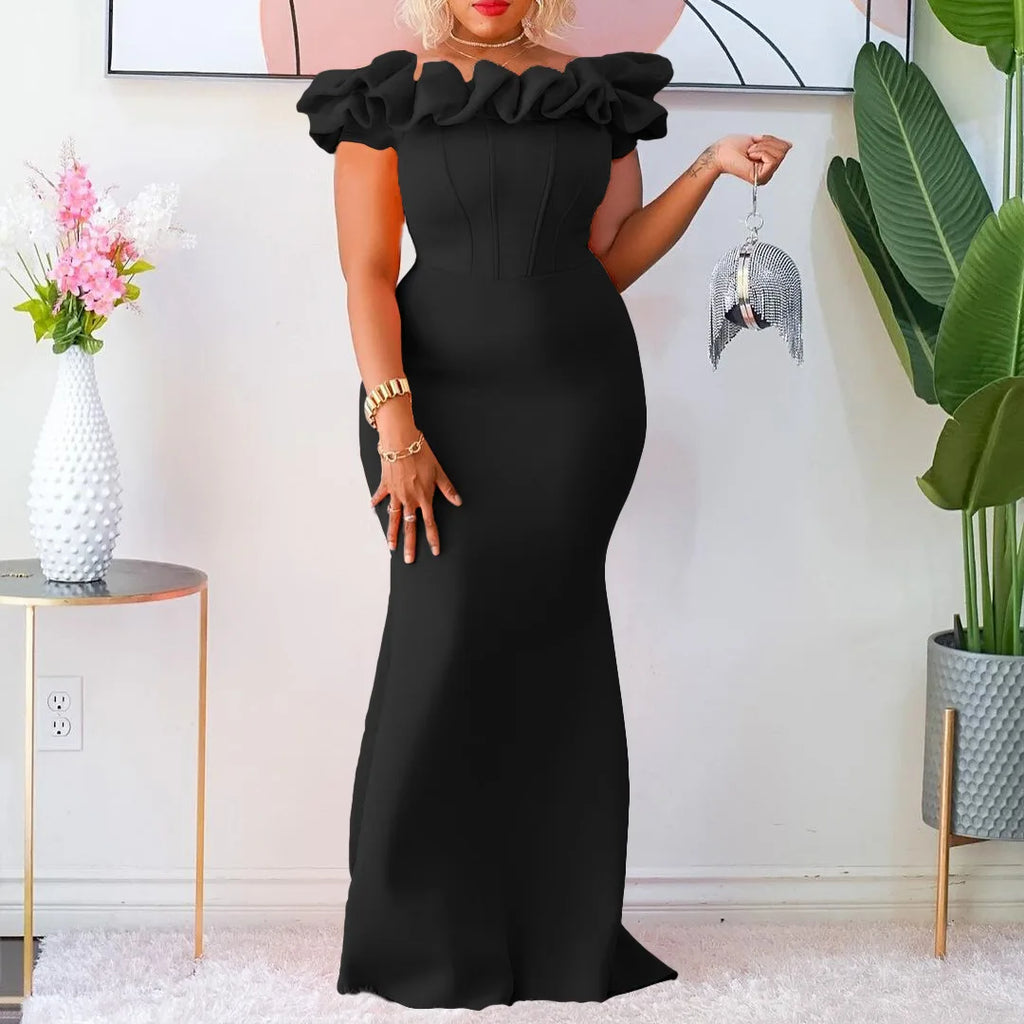 D3192 European and American Cross-border Women's Dress 2023 New Solid Color Fishtail Skirt Wooden Ear Slim Evening Africa Long