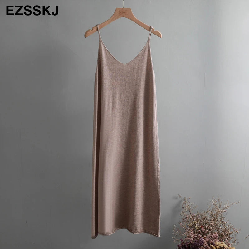Ezsskj Spring summer 2020 Woman Knitted Tank Dress Casual Long Camisole Vest dress Women Loose  cashmere maix a-line dress