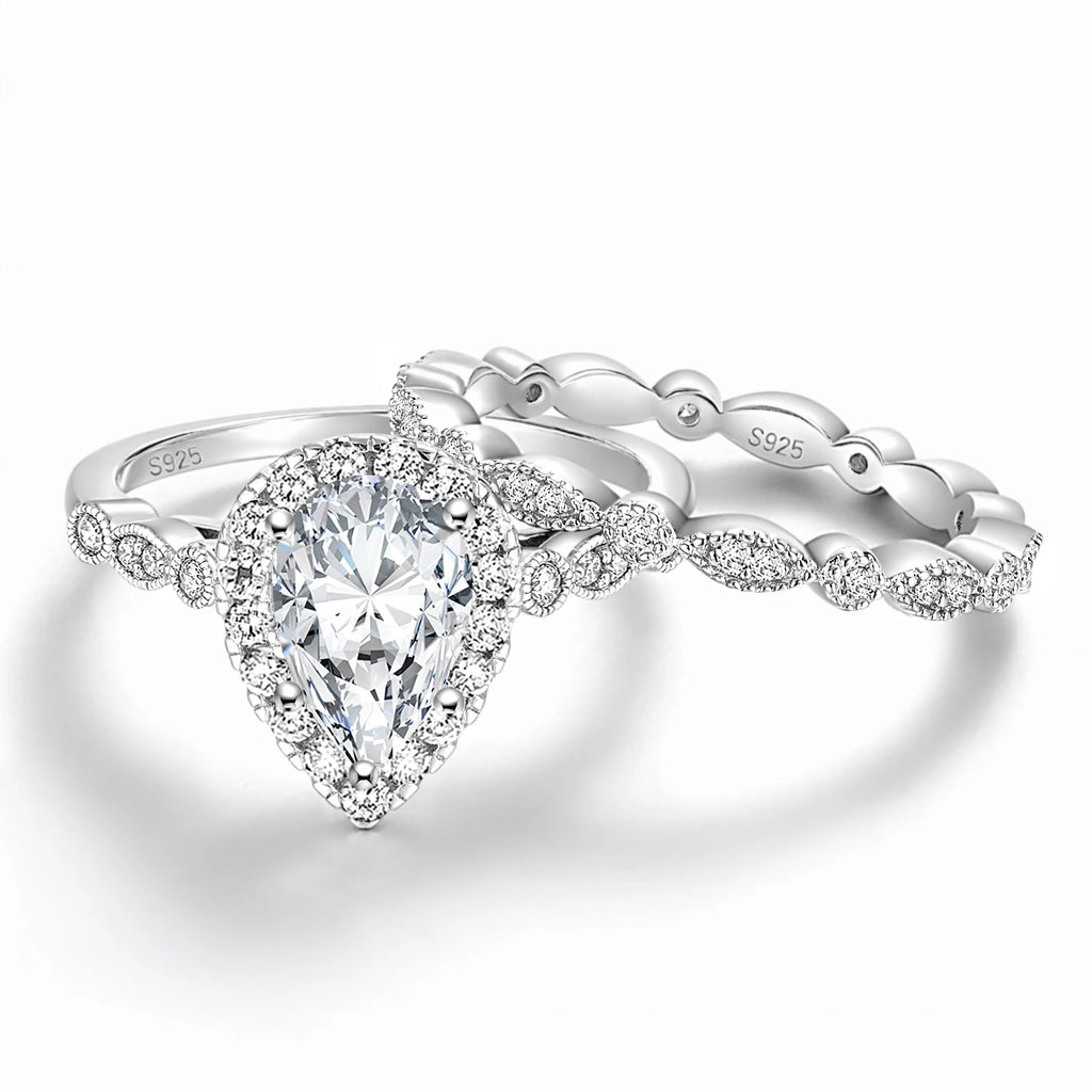 OAHLAN 1.5CT Zircon 925 Sterling Silver Gold Plated Women Ring Sets Wedding Teardrop Engagement Rings Anniversary Gift Jewelry