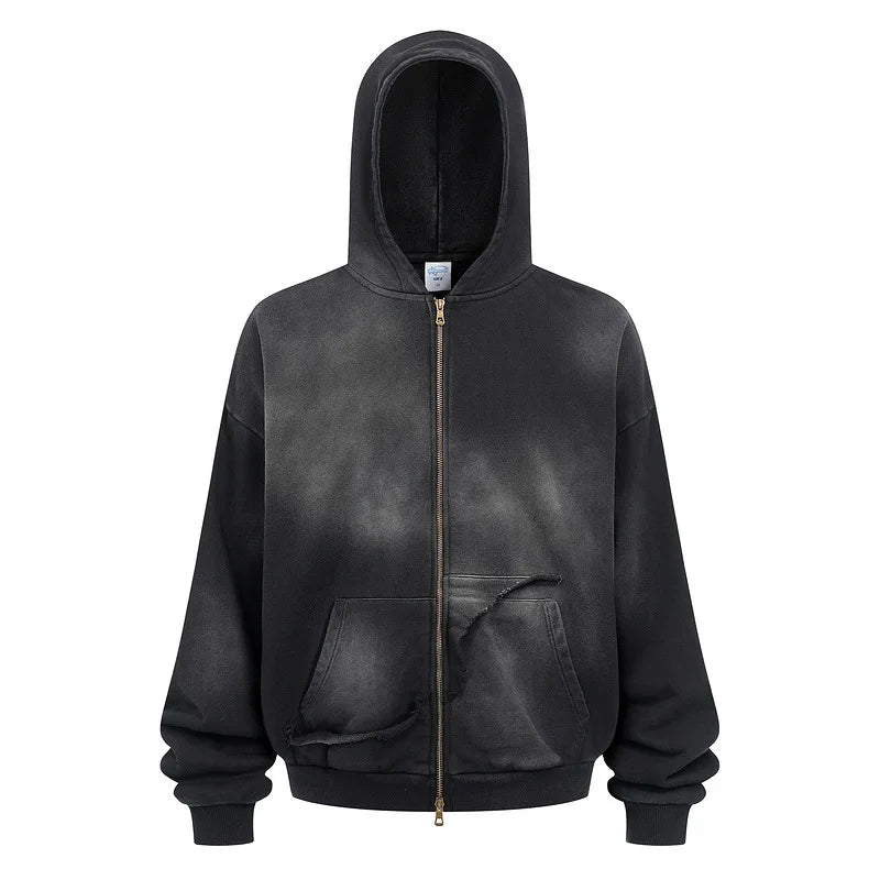 Washed Streetwear Zipper up Hoodie for Men 430gsm 100% Cotton Sun Fade Hooded Winter Vintage Long Sleeve Custom Printed Logo