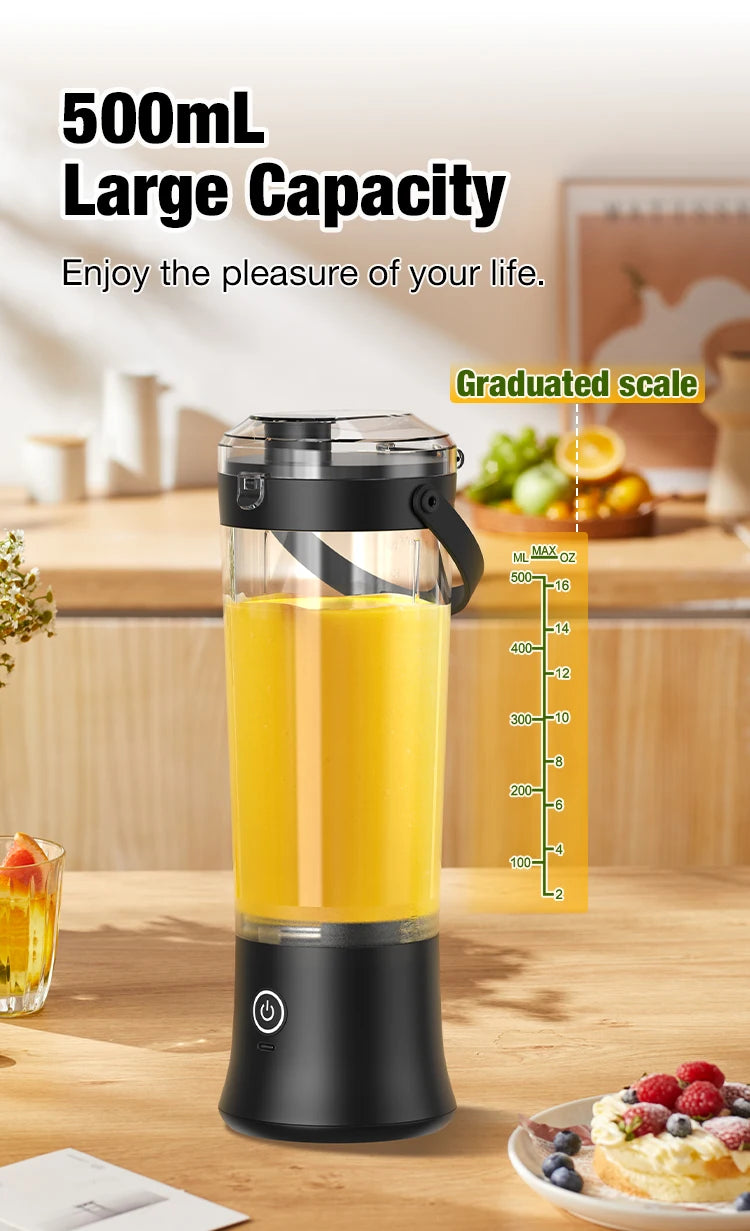 500ML Cordless Personal Blender USB-C Rechargeable Self Cleaning Mini Juicer Travel Spout Strap 4000mAh Smoothie Stainless Steel