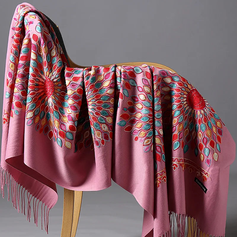 Wholesale JiYun 2025 Ladies Winter Scarf Shawl Floral Tassel Embroidery Soft Heavy Cashmere Feel-Hot Sale Winter Accessory