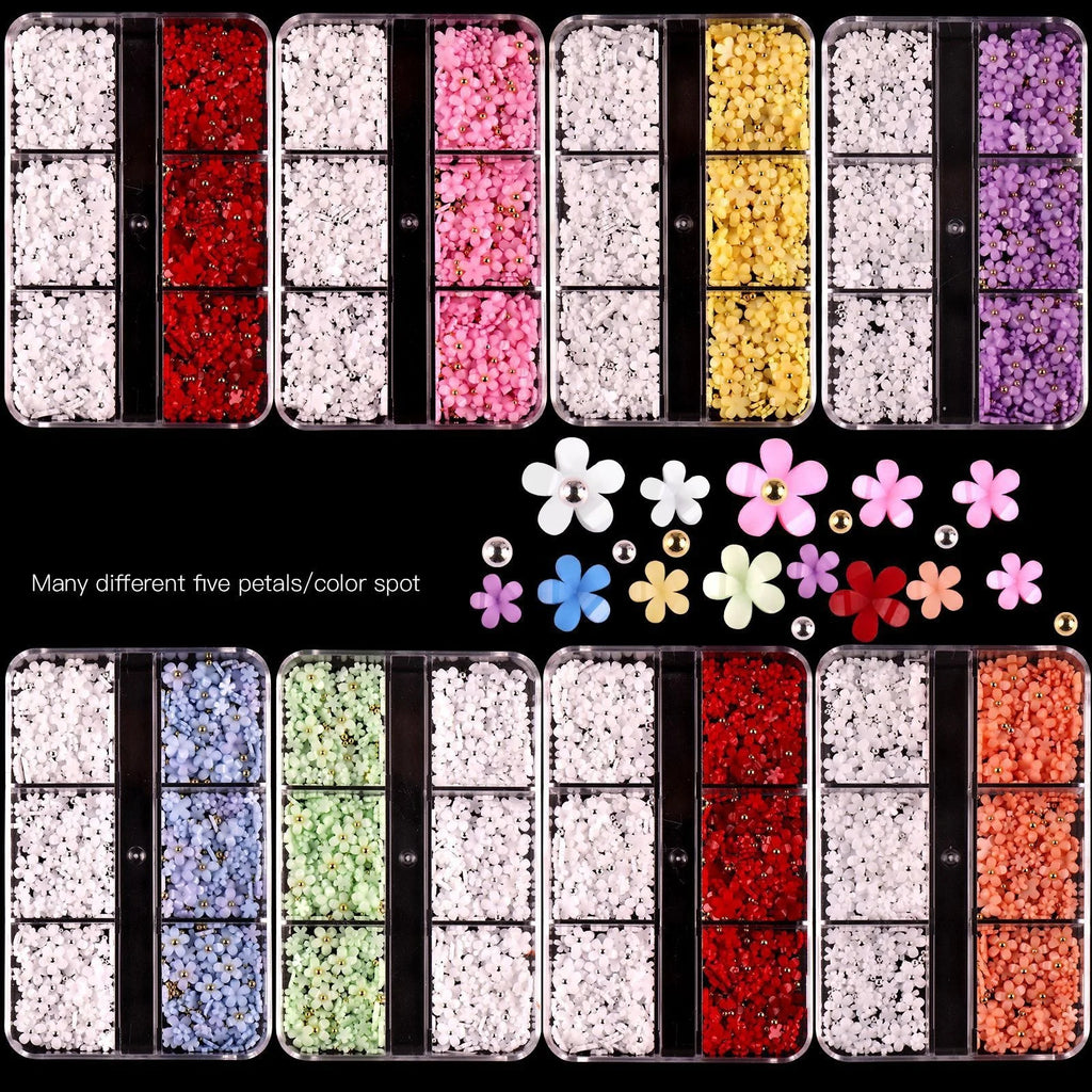Nail Jewelry Wholesale Cute Three-dimensional Small Flowers 6-grid Plastic Box Mixed Resin Five-petal Flower Nail Accessories
