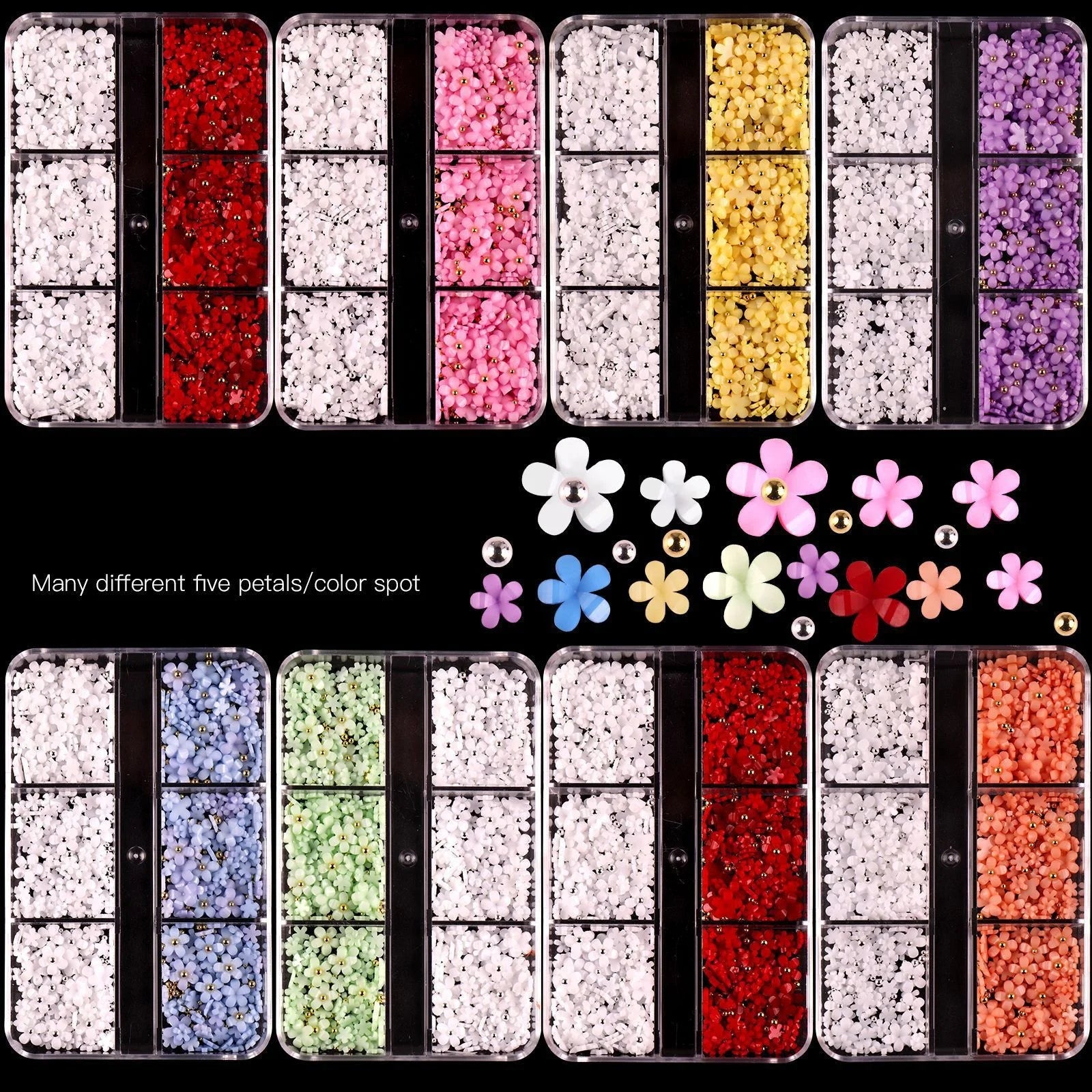 Nail Jewelry Wholesale Cute Three-dimensional Small Flowers 6-grid Plastic Box Mixed Resin Five-petal Flower Nail Accessories
