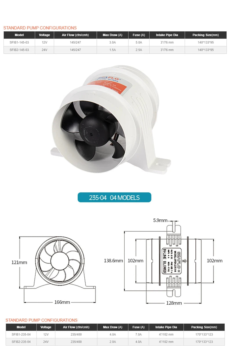 12V/24V 40A  ABS Quiet Air Blower Water Resistant High Air Flow In-Line Blower Marine Bilge Boat Blower Motor Plastic