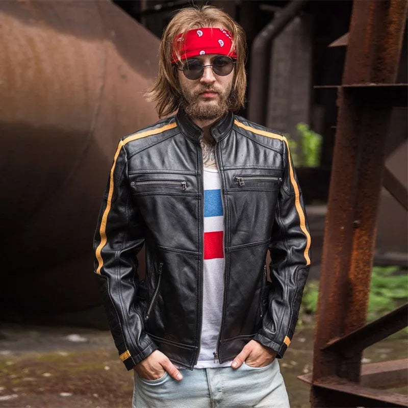 Fashion Mens Slim Fit Sheepskin Motorcycle Biker Jacket Side Striped Short Stand Collar Windproof Coats Genuine Leather Jacket