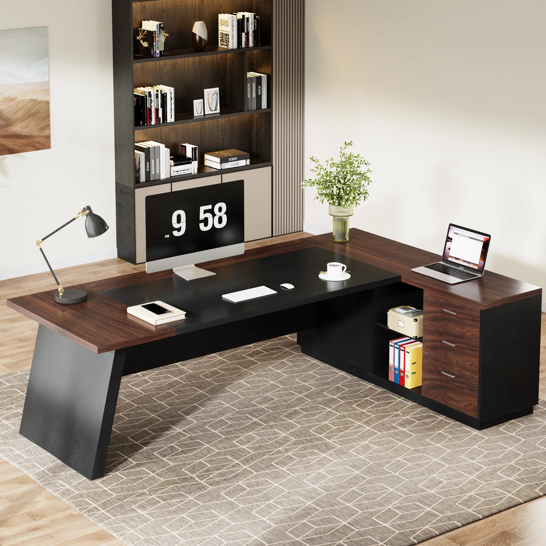 L-Shaped Executive Desk, 78" Modern Office Desk with Drawers and Lateral File Cabinet, Large Computer Desk with Storage Shelve