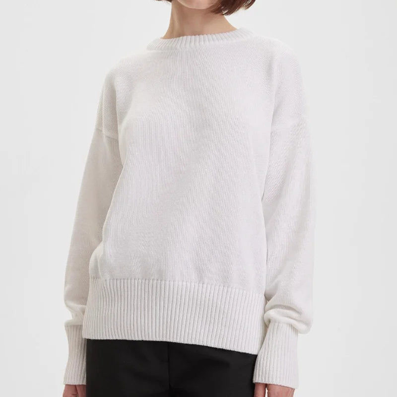 Women's Autumn New Crew Neck Solid Sweater Loose Long Sleeve Knitted Casual Pullover Versatile Top for Winter