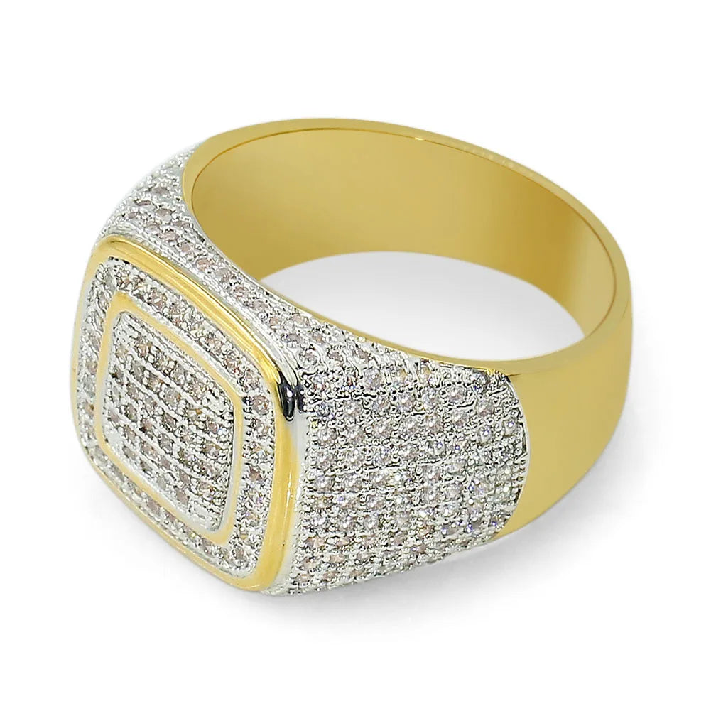 Round Square Shape Cubic Zircon Ring Brass Material Gold Silver Plated Iced Out Full CZ Hip Hop Rings Men's Fashion Jewelry