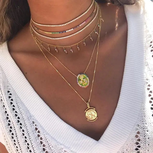 2024 New Arrived Hot Selling European Women Jewelry Choker 2mm CZ Tennis Chain rainbow Necklace for Women