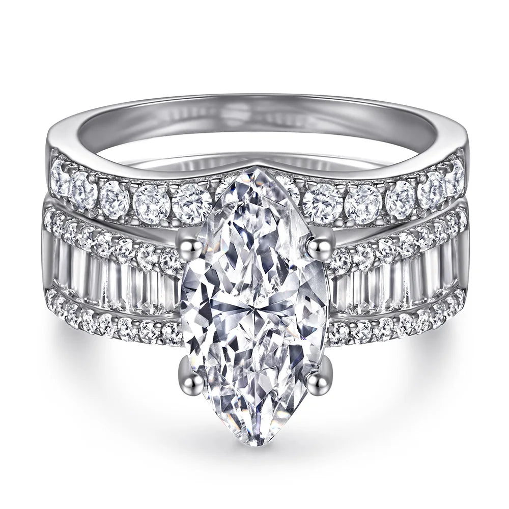 Wedding Ring Set Three-Piece Heart Pattern Engagement Jewelry Women's S925 Sterling Silver Rings