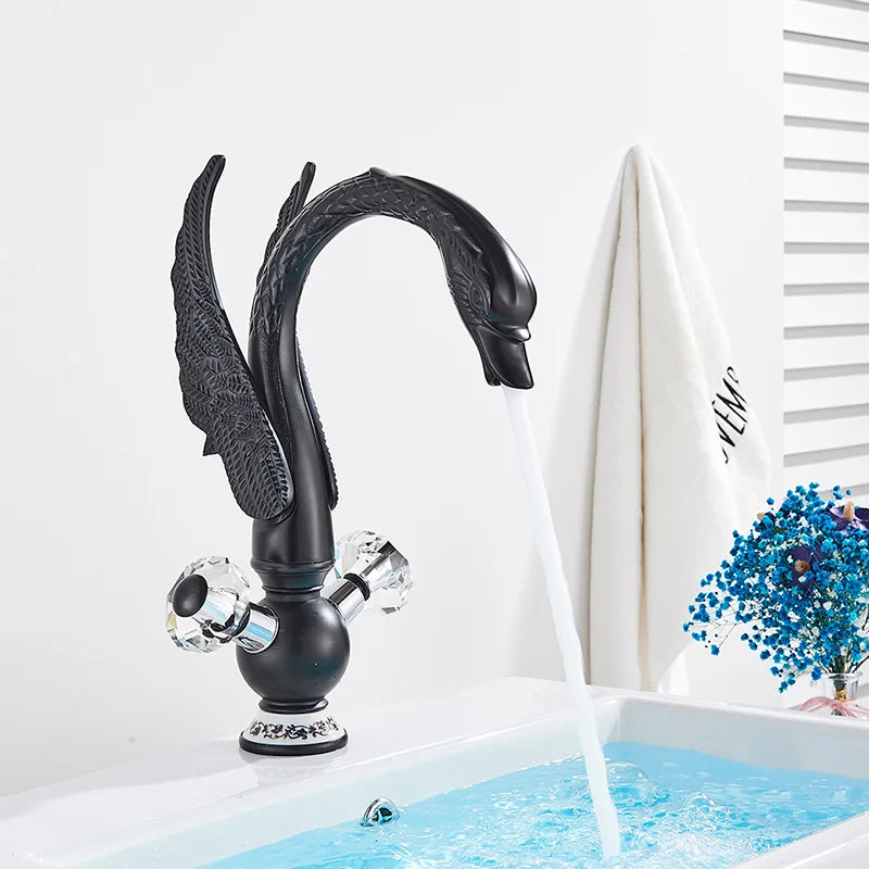 Luxury Gold Swan Basin Faucet Deck Mounted Bathroom Faucet Hot and Cold Water Mixer Tap Bath Water Faucet Basin Sink Taps